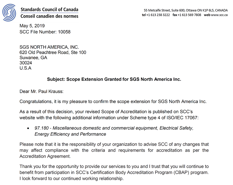 SGS is Accredited by SCC for NRCAN Battery Charger Certification ...